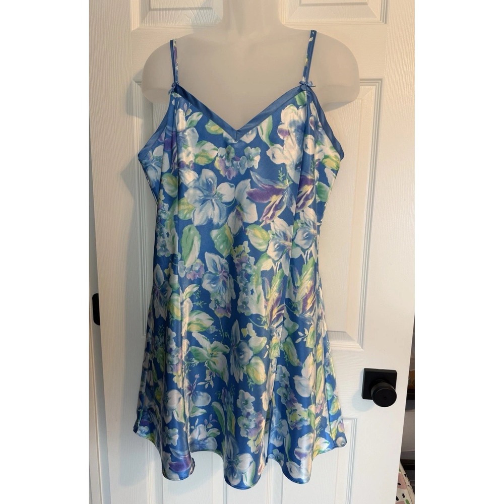 Vintage 90s Y2K Delicates Blue White Floral Satin Nightgown Slip Dress Size XL